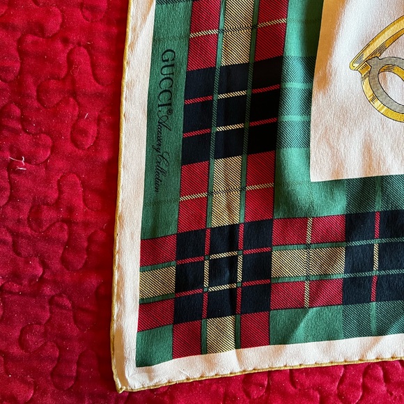 Vintage Gucci Silk Scarf Green Plaid Equestrian - Picture 5 of 9